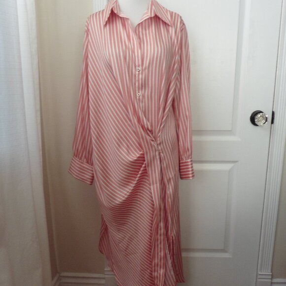 Zara Satin Striped Gathered Origami Long Sleeve Midi Shirt Dress Large - Picture 6 of 8